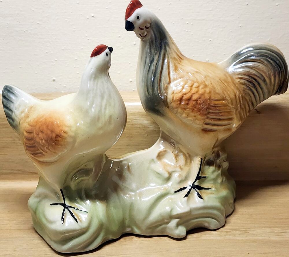 Vintage Rooster & Hen Iridescent Glaze Made in Brazil Figurine See Pictures